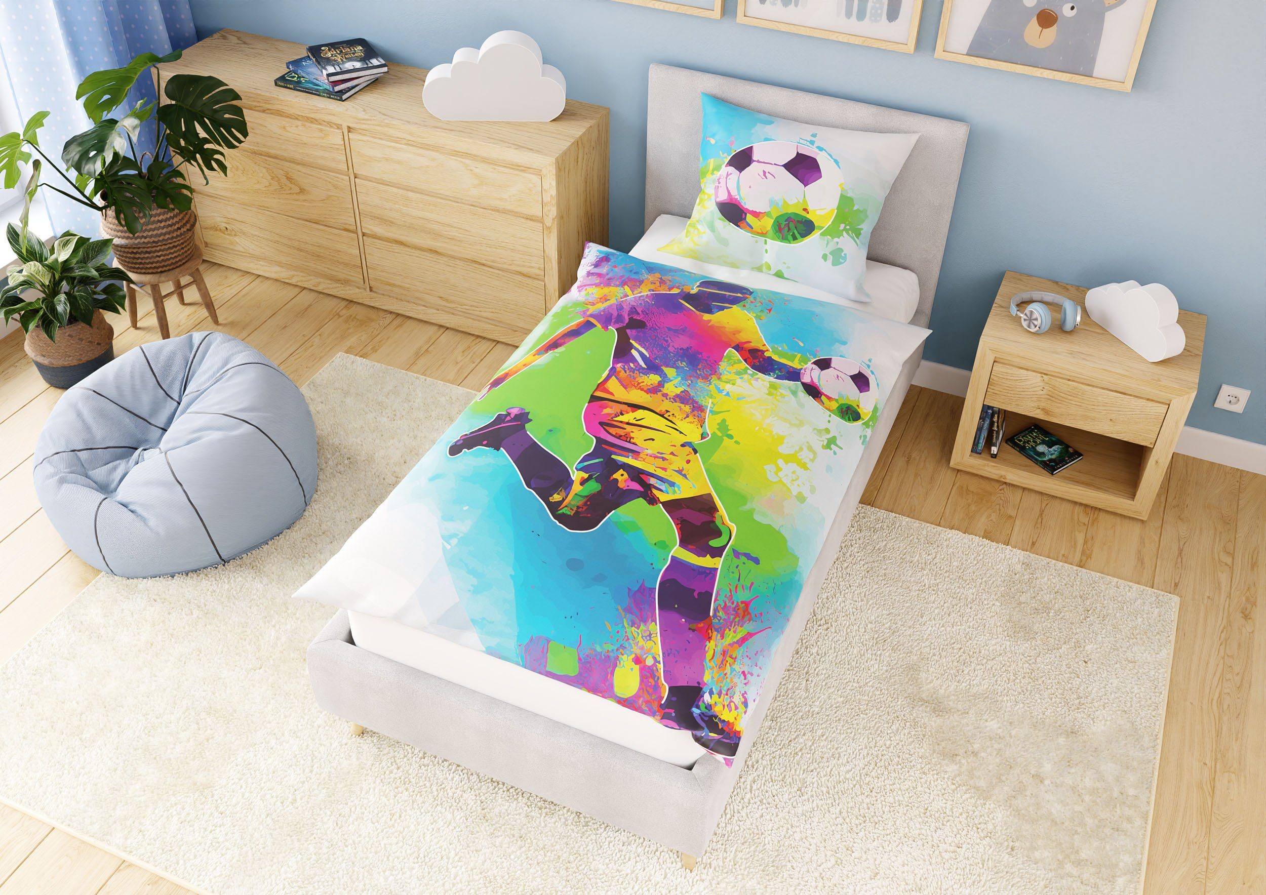 Kinderbettwäsche Leuchtende Fußball Bettwäsche 135x200 Kinder Bettbezug Set + 10 SPIELE, Carpe Sonno, Baumwolle, 2 teilig, GLOW IN THE DARK Fußballer Bettwäsche Fussball