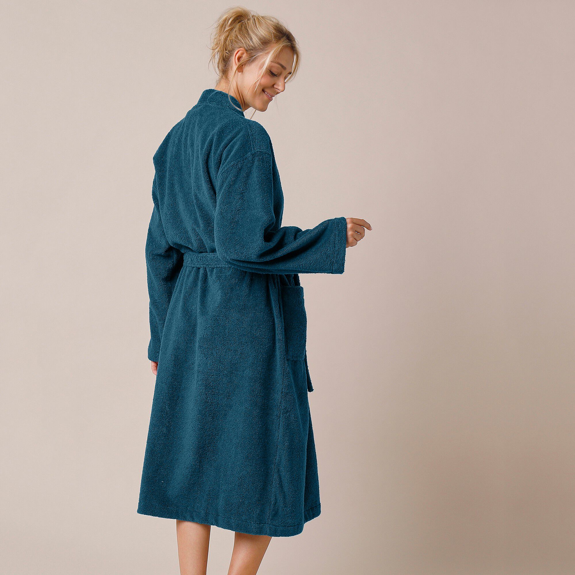 Peignoir mixte adulte uni coton éponge bouclette col kimono personnalisé