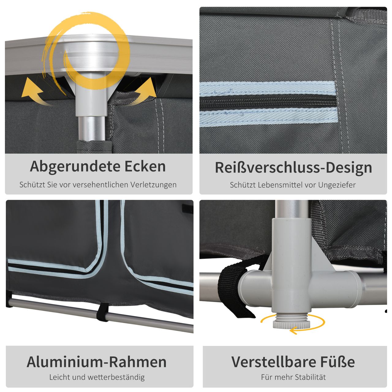 Outsunny Campingschrank Küchenbox tragbar mit Arbeitsplatte Tragetasche 3 Ablagen 1 Schrank Grau 96 x 49,5 x 104 cm