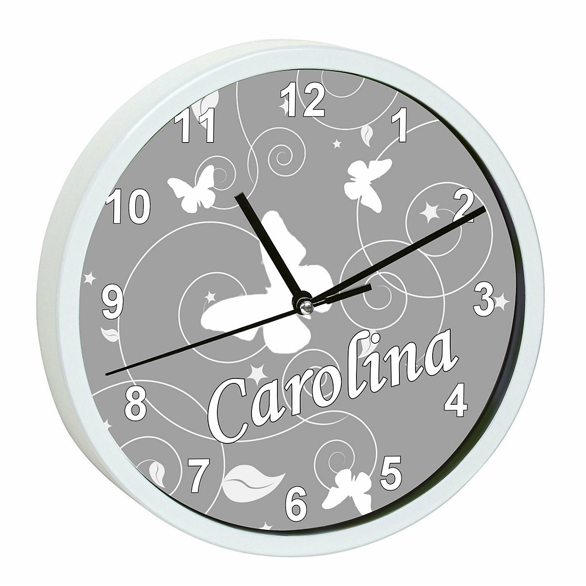 Kinder Wanduhr personalisiert mit Name Schmetterling Ornamente grau