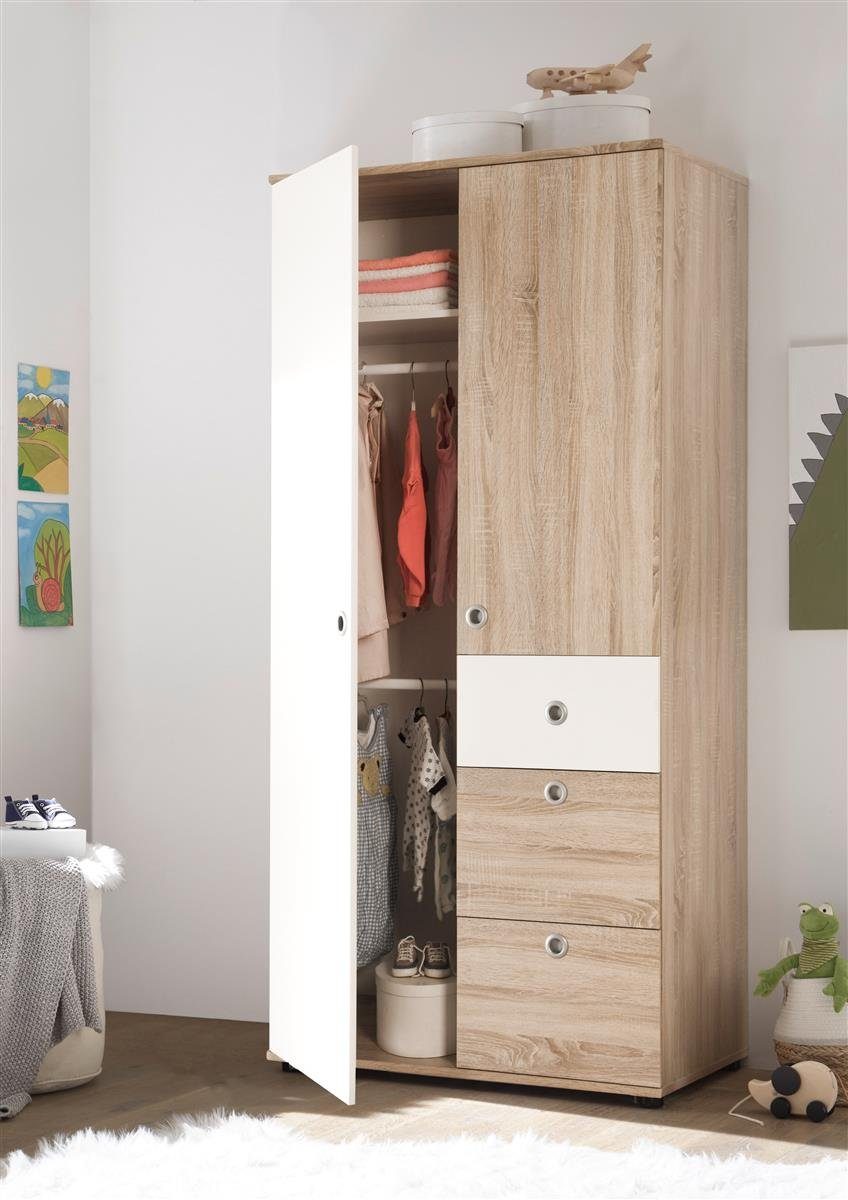 möbelando Drehtürenschrank Floris Moderner Kinder-Kleiderschrank aus Spanplatte in Sonoma-Eiche Nachbildung, Absetzungen in Weiß mit 3 Schubkästen und 2 Türen dahinter 2 Kleiderstangen und 3 Einlegeböden. Breite 90 cm, Höhe 191 cm, Tiefe 53 cm
