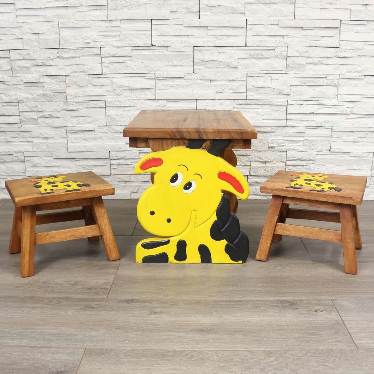 Oriental Galerie Kindersitzgruppe Kindermöbel Set Eckiger Kindertisch mit 2 Hockern Giraffe, traditionelle Herstellung in Handarbeit im Ursprungsland