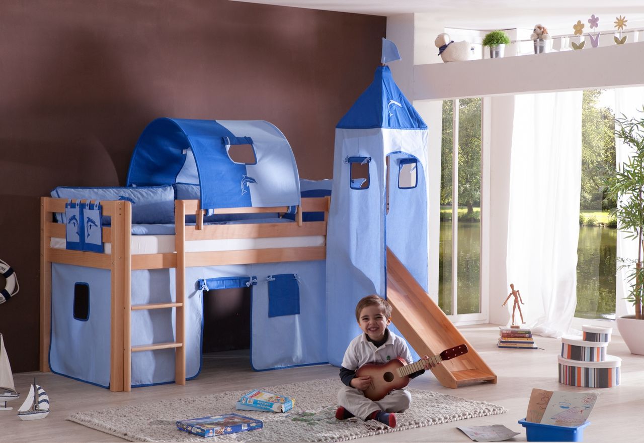 Relita Halbhohes Spielbett ALEX mit Rutsche/Turm/Tunnel Buche massiv natur lackiert mit Stoffset blau/delfin