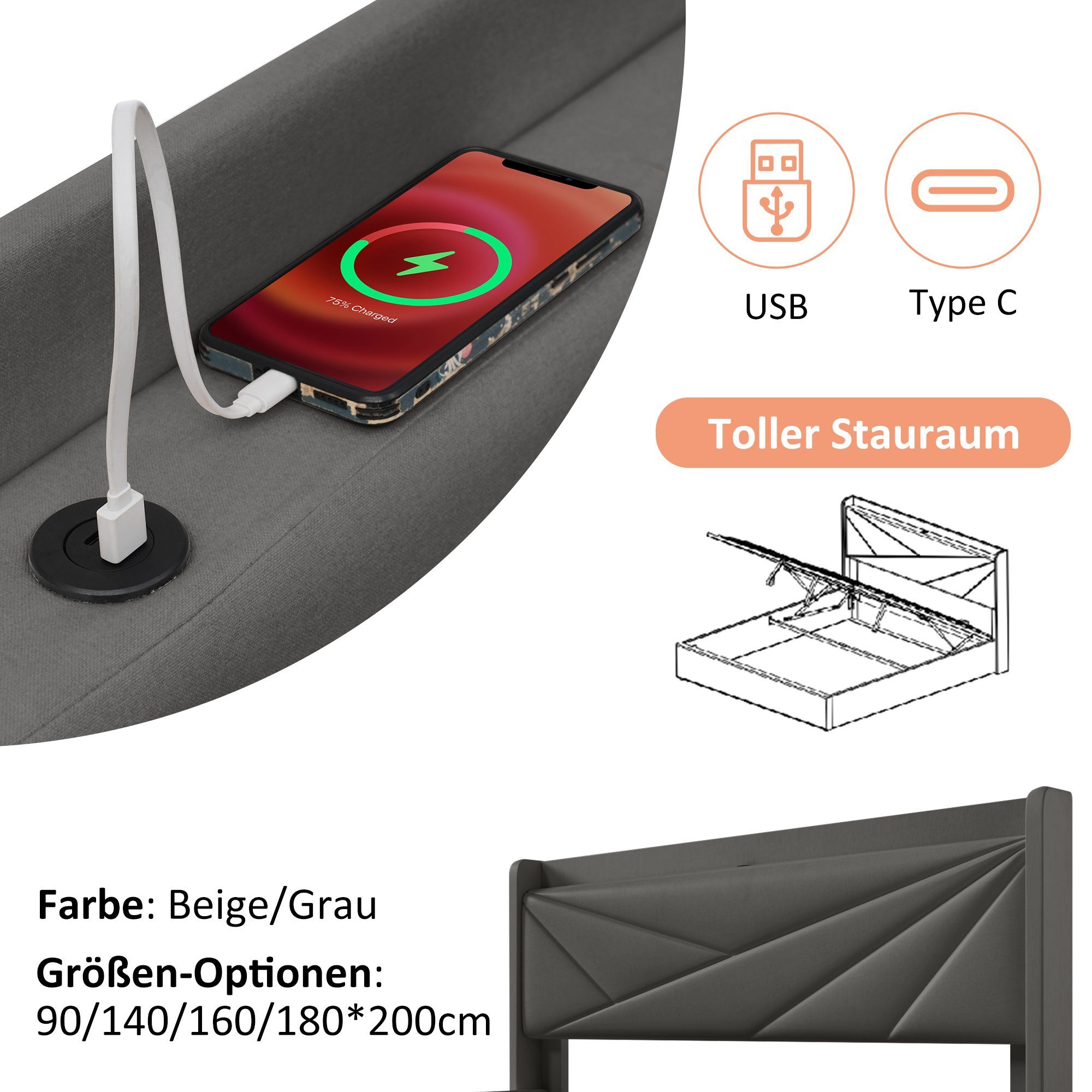 Ulife Polsterbett Doppelbett Stauraumbett mit USB /Typ C, Ladefunktion, Leinen, 90 × 200 cm