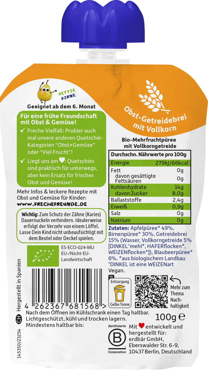 Quetschie Apfel, Birne, Blaubeere mit Dreikorn ab 6 Monaten, 100 g
