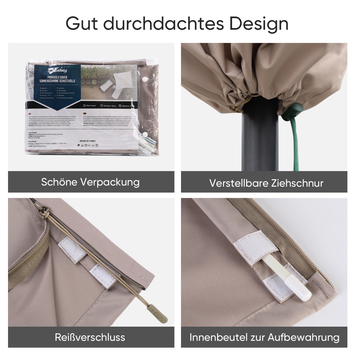 Sekey Sonnenschirm-Schutzhülle Doppelsonnenschirm Abdeckhauben mit Stab und Reißverschluss, Winterfest, Wasserabweisend, Wetterfest, Robust, Reißfest