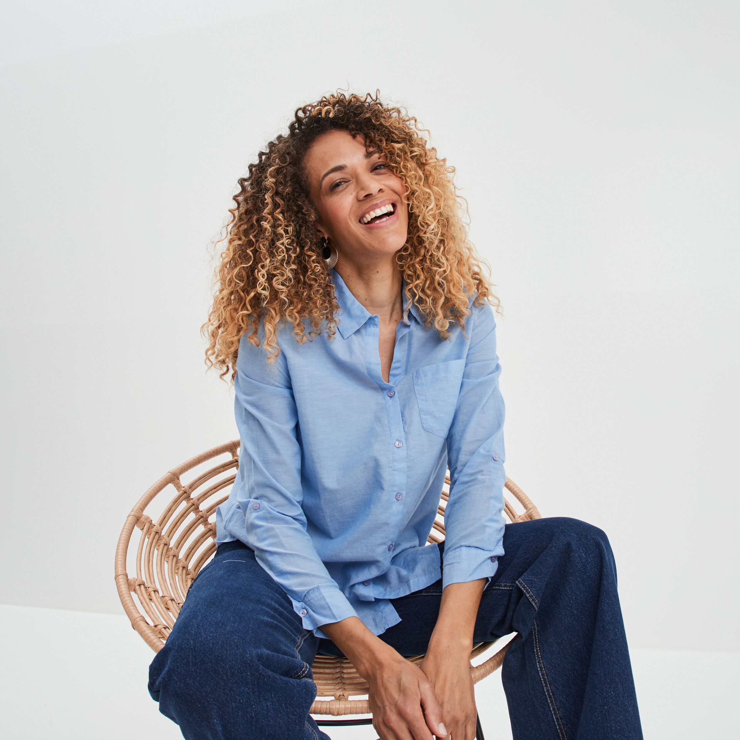 Chemise manches longues en coton bleu femme | La Halle