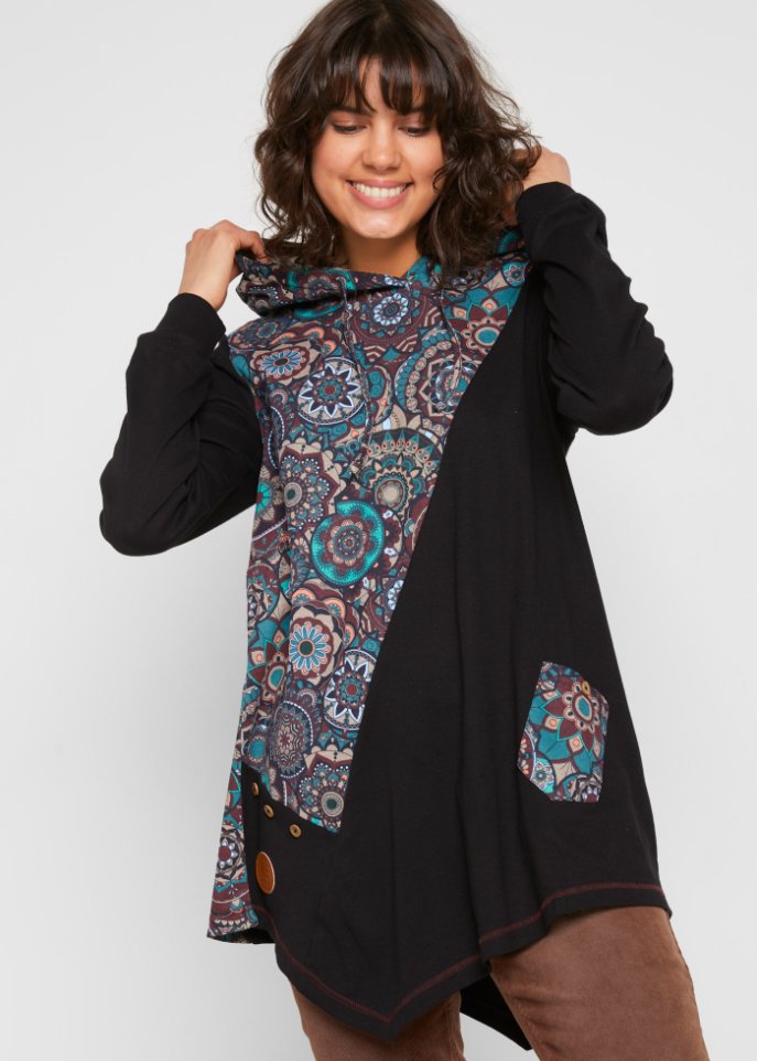 Kapuzenshirt mit Zipfelsaum und Patchwork-Optik, langarm