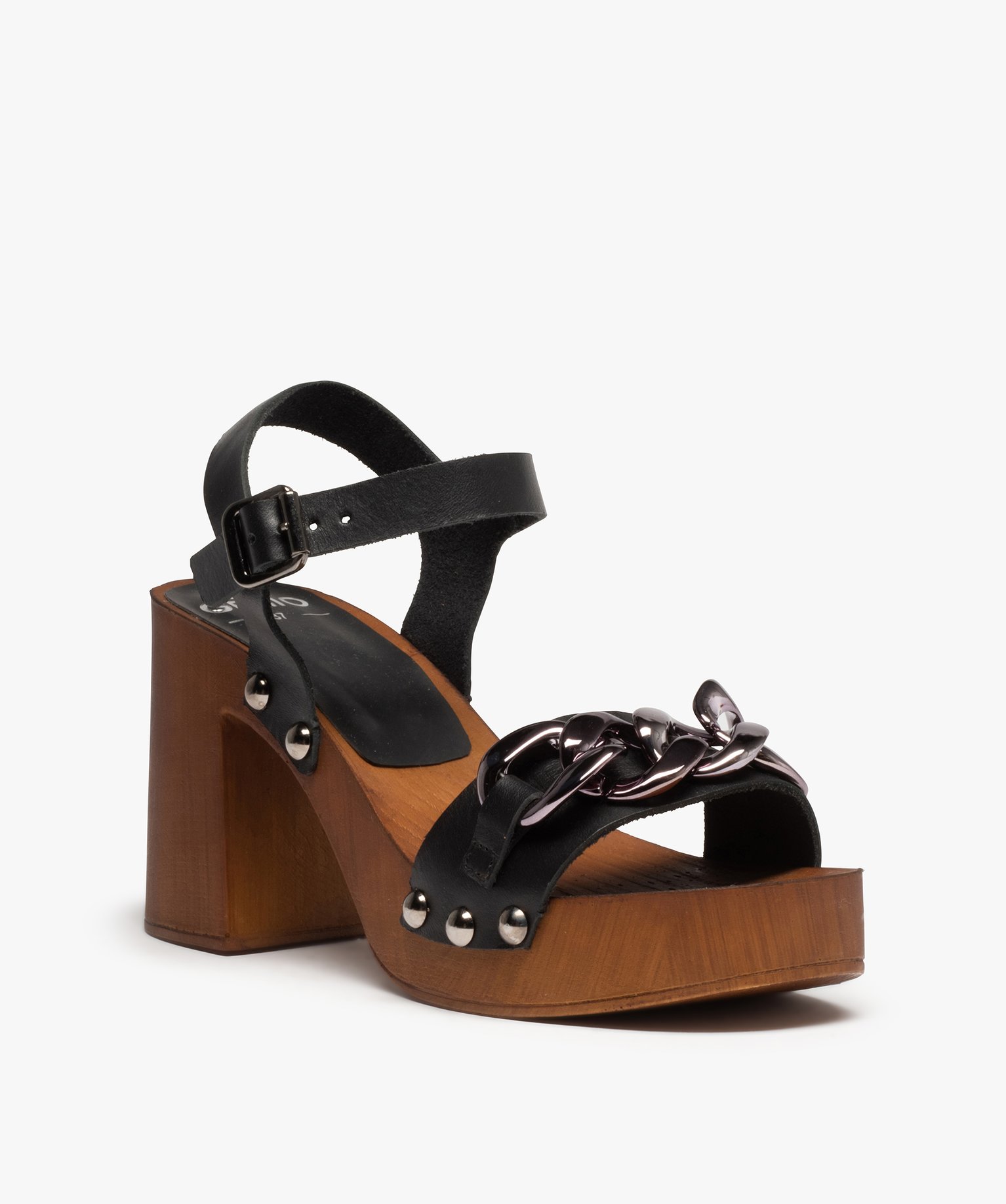 Sandales femme style sabots à talon dessus cuir noir | GEMO
