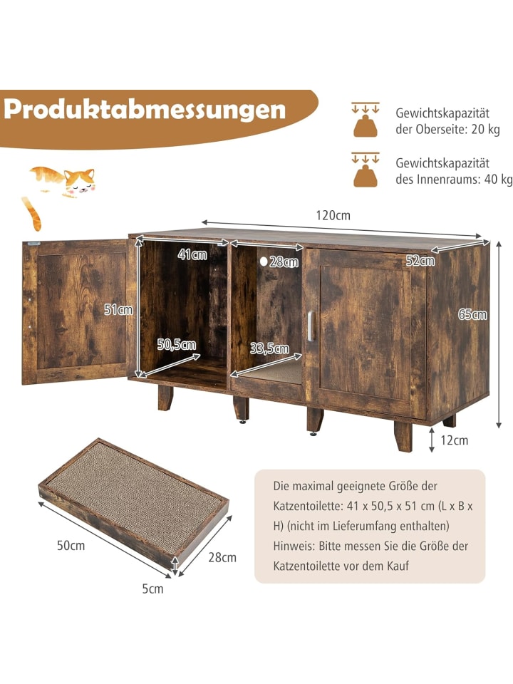 COSTWAY Katzenschrank mit 2 Türen 120x52x65cm in Braun günstig kaufen 120 cm