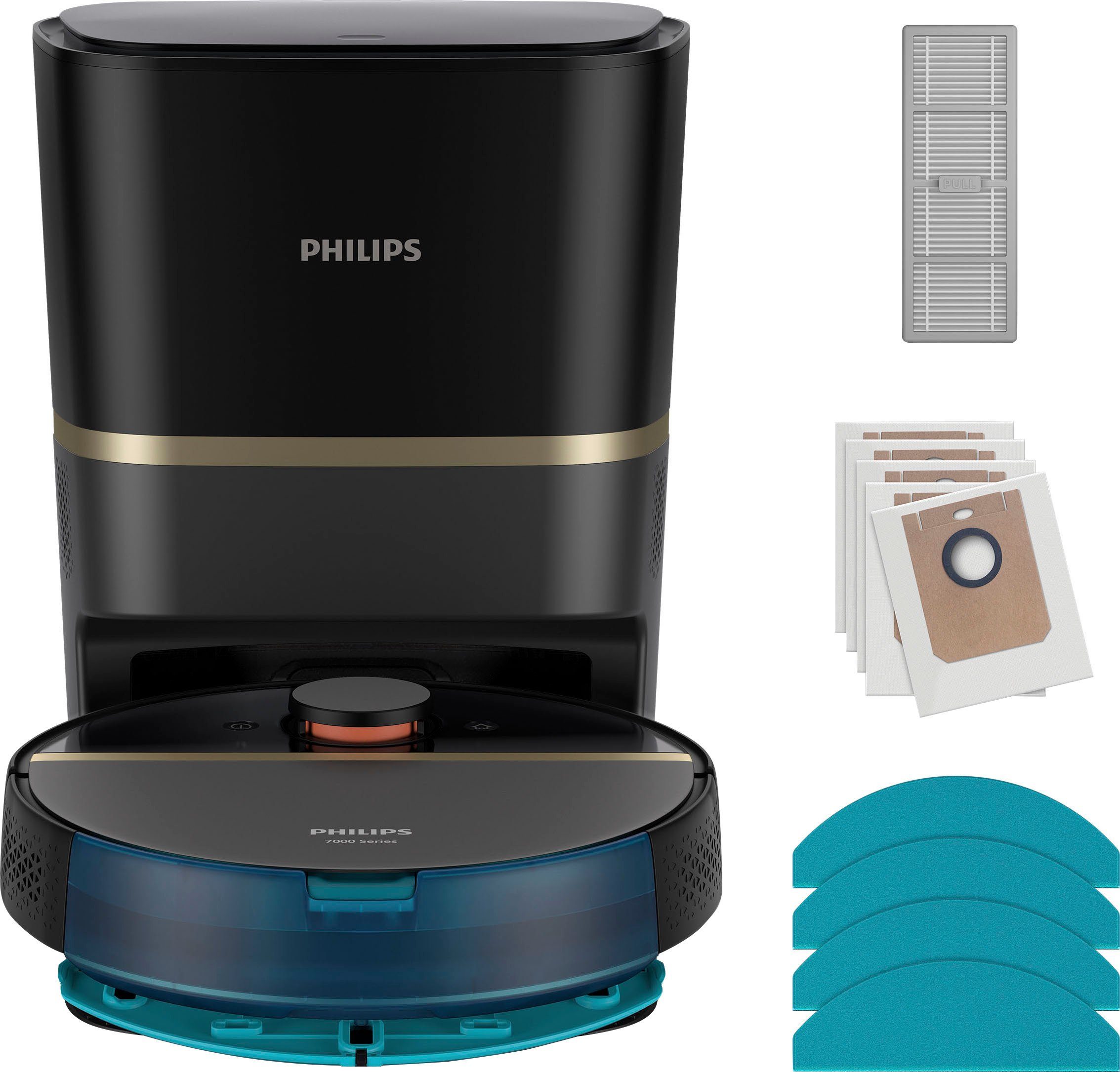 Philips Saugroboter XU7100/01, 180 min Akkulaufzeit, Teppichfunktion, 360° Lasernavigation, ToF-Sensoren, Vibrationswischer, inkl. Entleerungsstation