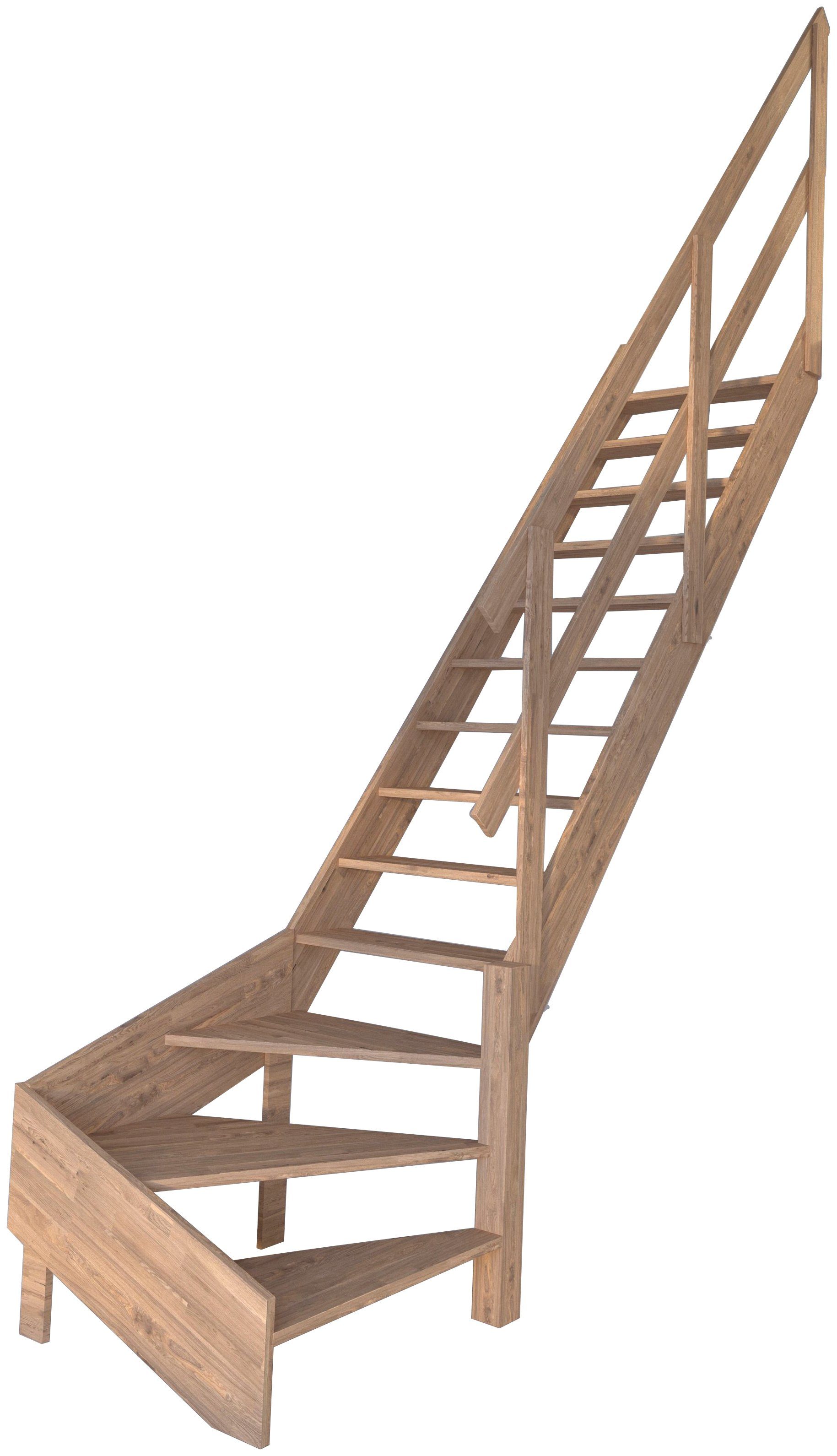 Starwood Raumspartreppe Massivholz Rhodos, Holzgeländer, für Geschosshöhen bis 300 cm, Stufen offen, gewendelt Rechts, Durchgehende Wangenteile