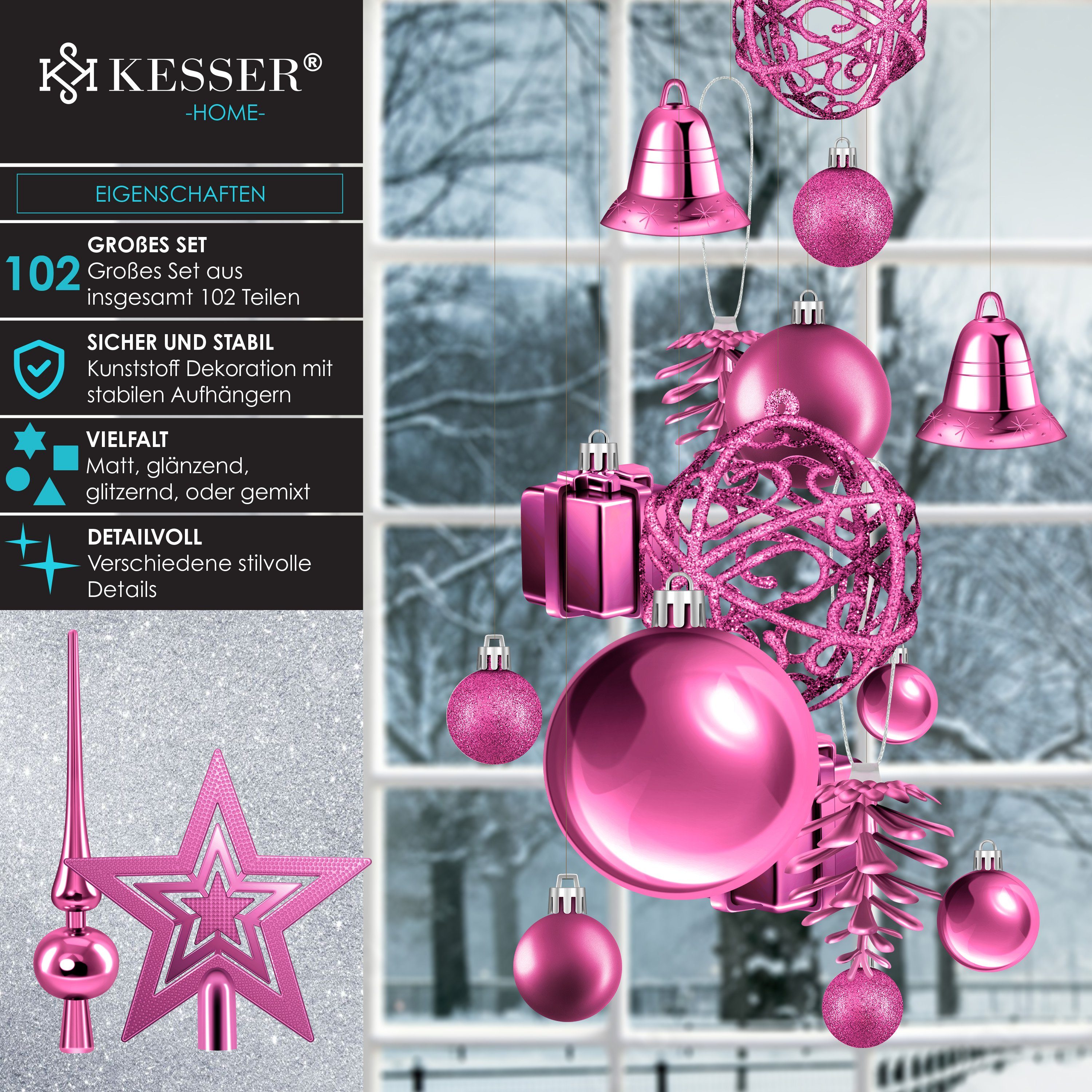 KESSER Christbaumschmuck (102-tlg), Weihnachtskugeln 102-teiliges Set Baumspitze Christbaumkugeln