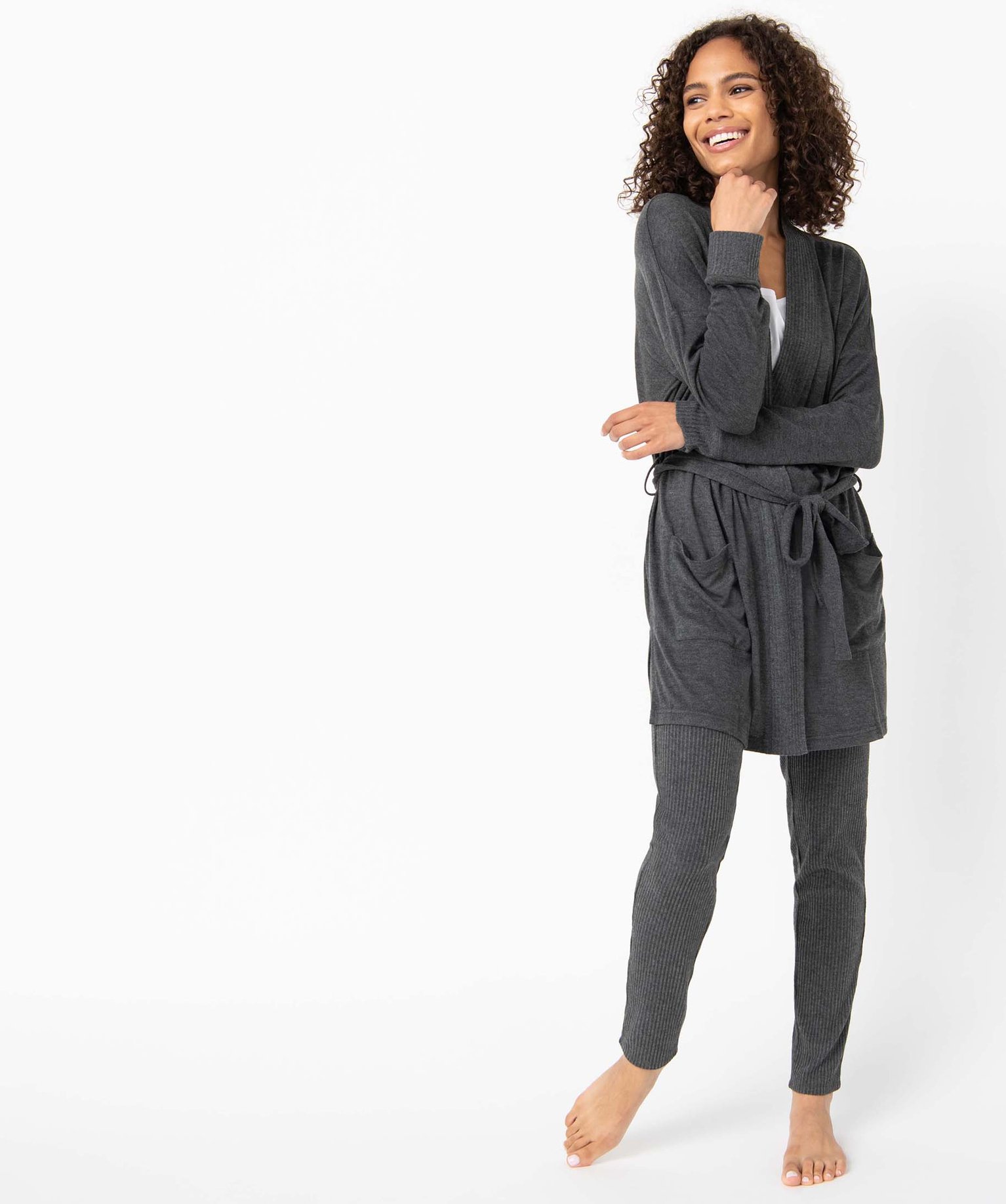 Pantalon de pyjama femme en maille ctelée gris fonce | GEMO
