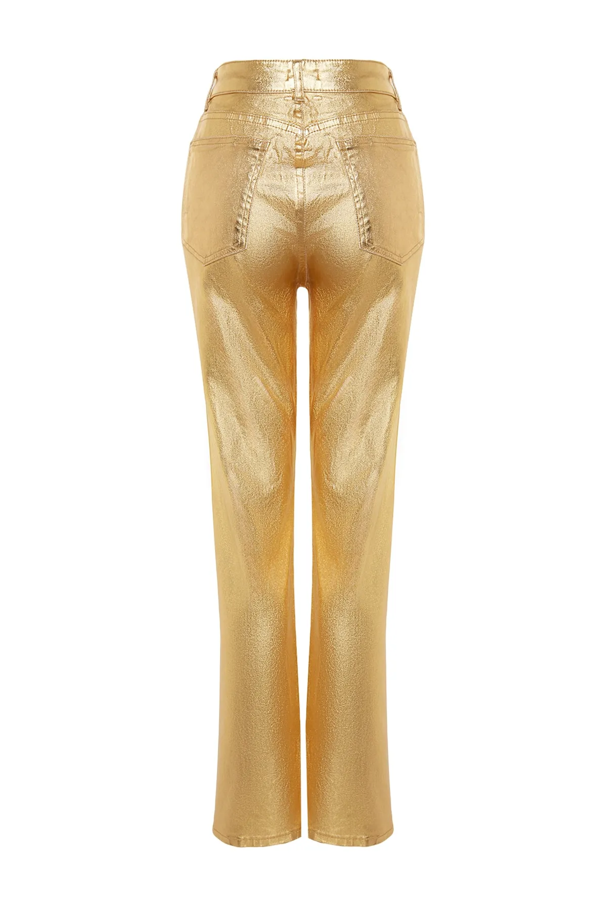 Trendyol Collection  Gerade Jeans mit hoher Taille und glänzendem Metallic-Print in Gold TWOSS23JE00243