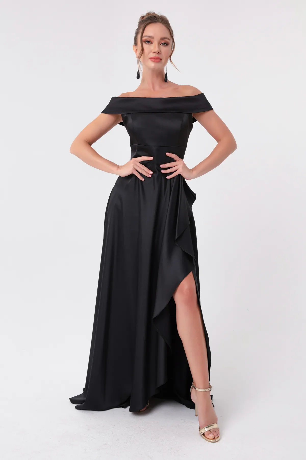 Lafaba  Schwarzes Abendkleid und Abschlusskleid aus Satin für Damen mit U-Boot-Ausschnitt