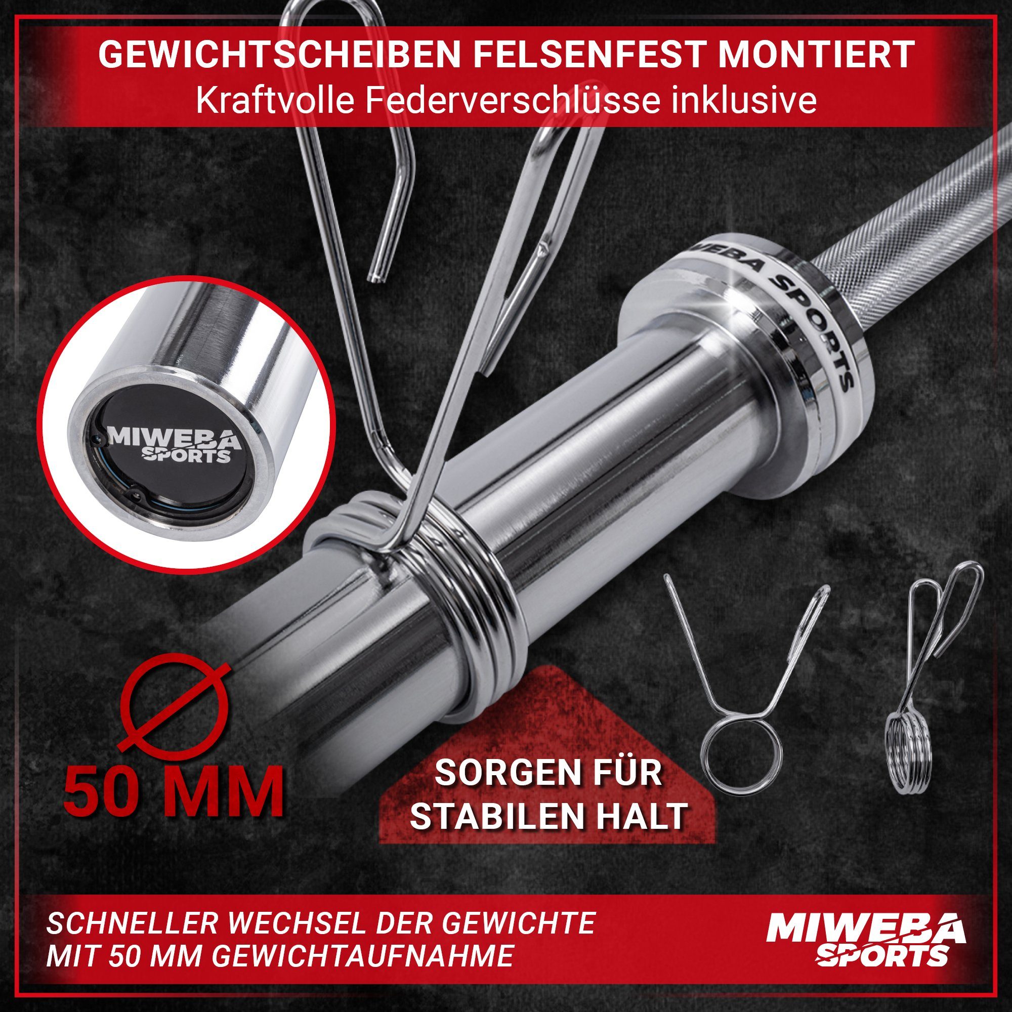 Miweba Sports Langhantelstange Profi Langhantel Stange Olympia LH601 inkl. Federverschlüsse, Stahl, 220,00 cm (Workout, Training, Ganzkörpertraining, Muskelaufbau, Krafttraining, Hanteltraining, 3-tlg., Ø 50mm, 220.0 x 7.5 x 7.5 cm, 320 kg max. Belas