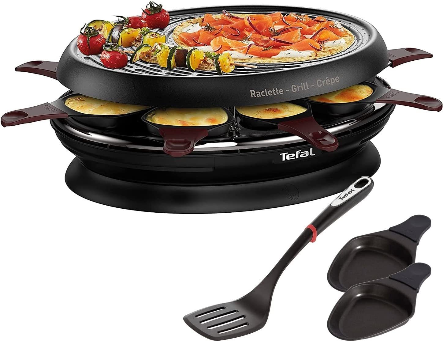 Tefal Raclette RE3200, 8 Raclettepfännchen, 1050 W, + Ingenio Pfannenwender Antihaftbeschichtung