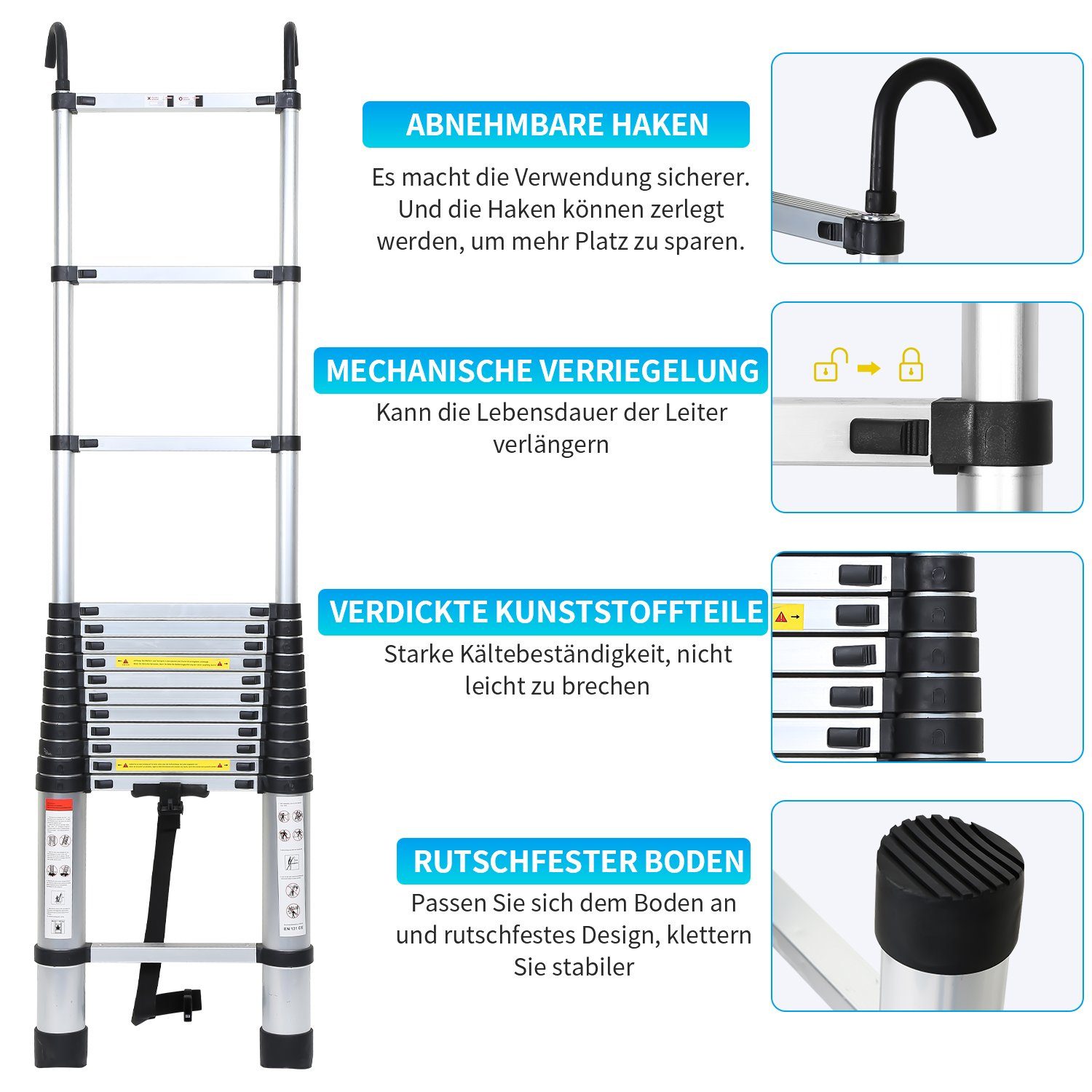 Gimisgu Teleskopleiter Teleskopleiter Alu 2.6m-5m Ausziehleiter Anlegeleiter