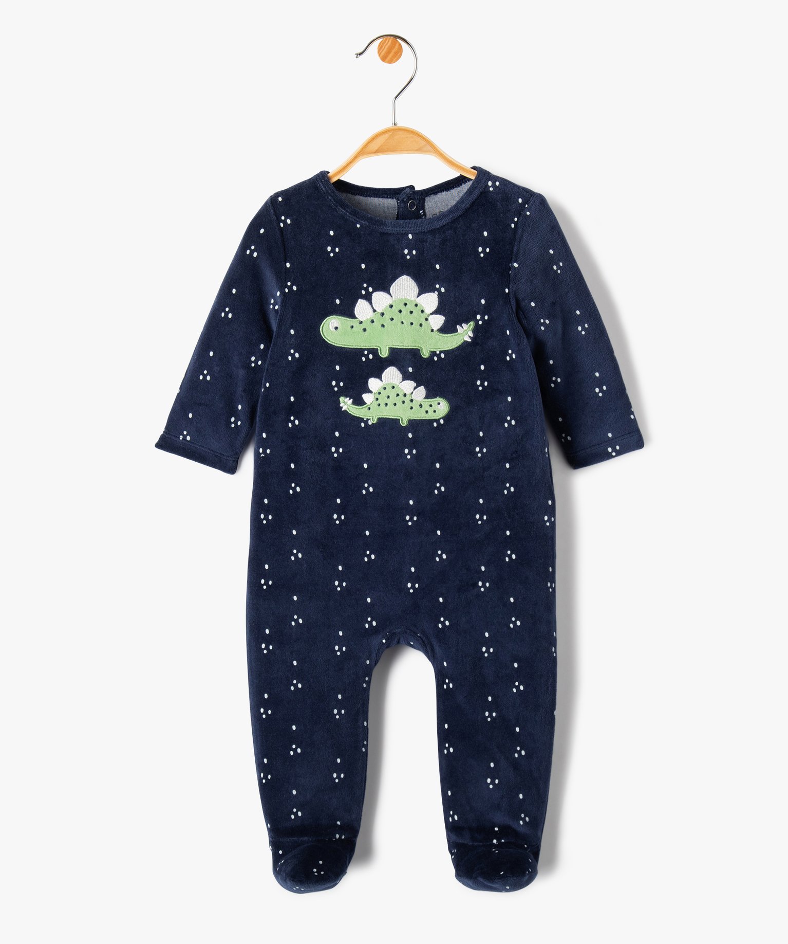 Pyjama bébé en velours imprimé dino avec ouverture pont-dos marine | GEMO