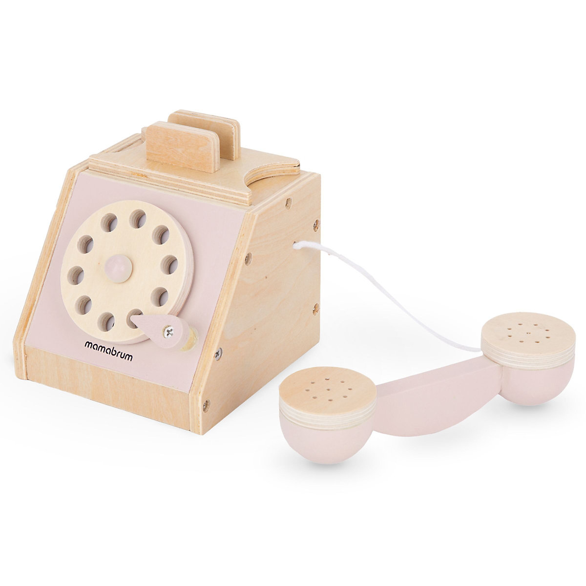 Retro-Telefon aus Holz – Pastellrosa, mobiles Zifferblatt, Pastellfarben, Headset mit dem Telefon verbunden