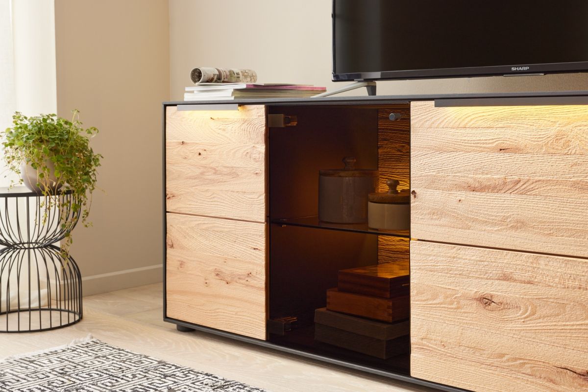 Interliving Wohnwand Riffbuche massiv Anthrazit