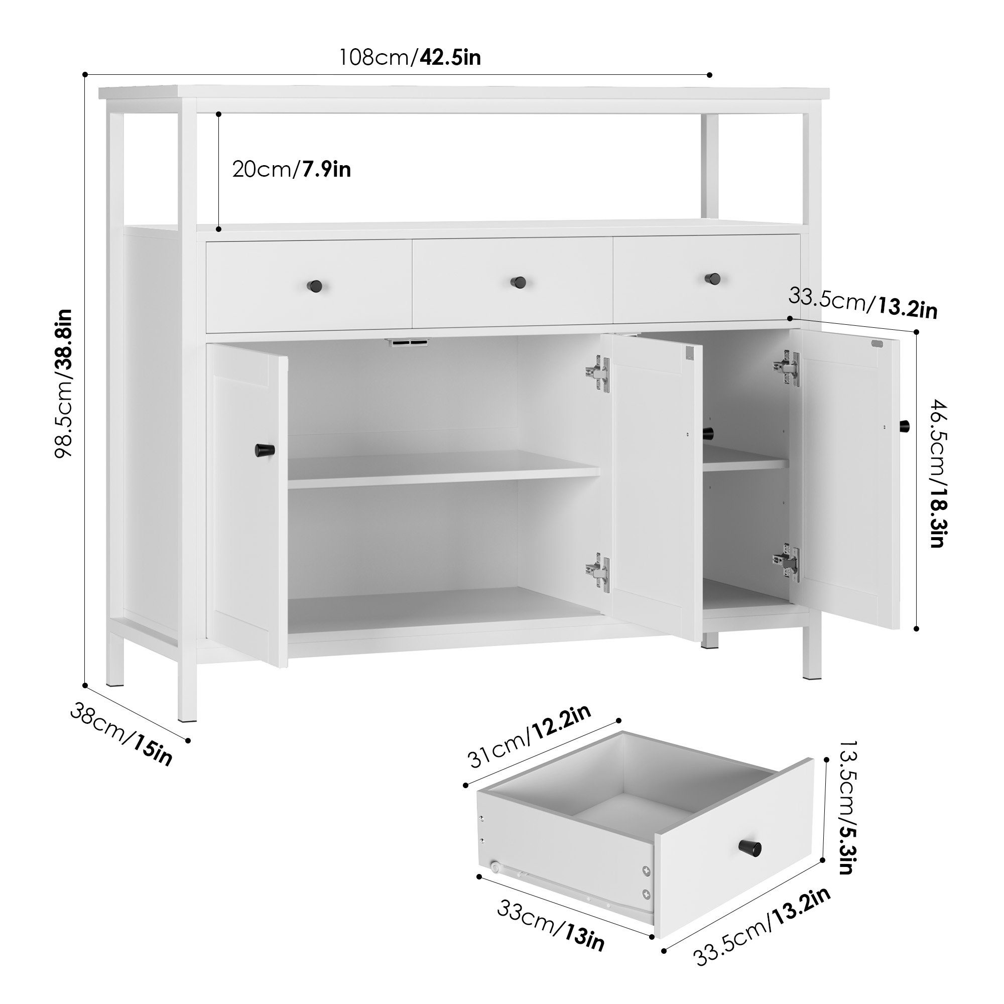 Homfa Sideboard, Küchenschrank mit 3 Schubladen 3 Türen Kommode weiß 108x38x98,5cm