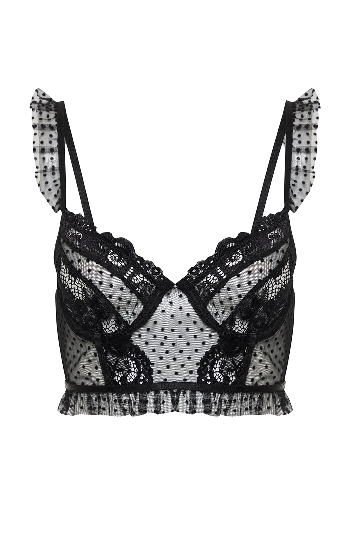 Trendyol Collection  Schwarzes, ärmelloses Strick-Bustier mit gepunkteter Spitze und Tülldetail, Seilriemen THMSS24SU00043