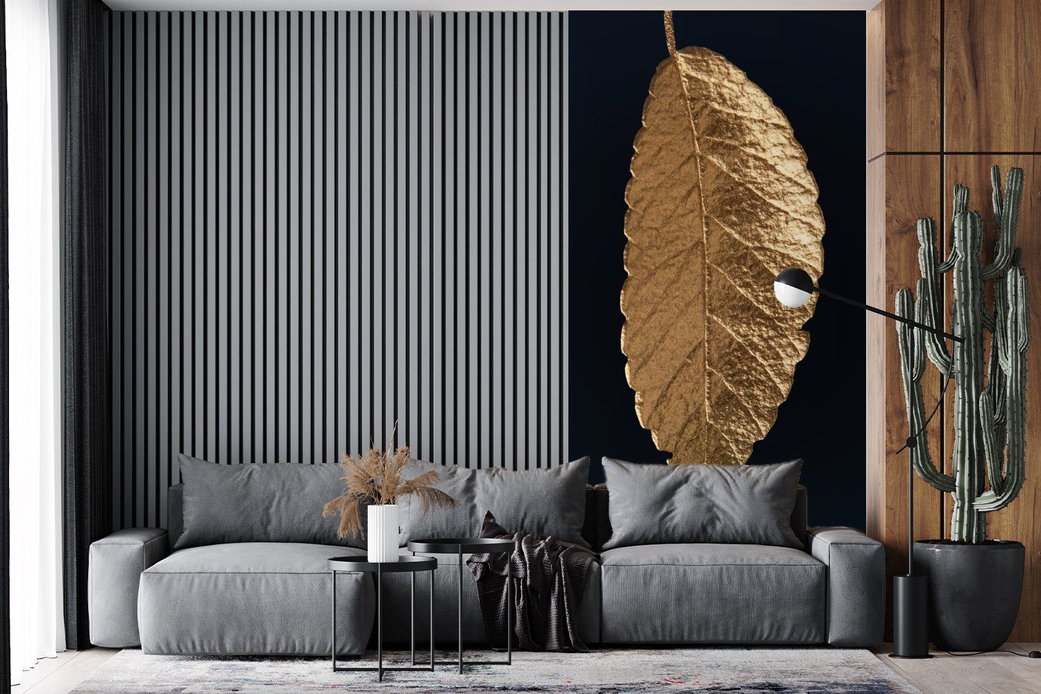 MuchoWow Fototapete Blätter - Schwarz - Gold - Luxus - Natur, Matt, bedruckt, (2 St), Vliestapete für Wohnzimmer Schlafzimmer Küche, Fototapete