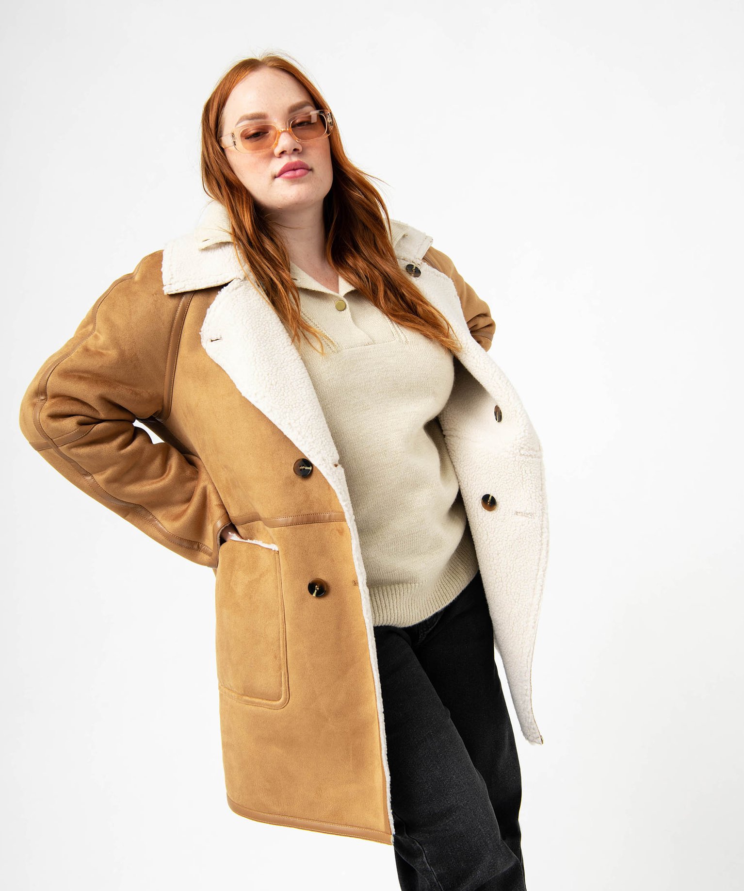 Manteau en suédine doublé sherpa femme grande taille marron | GEMO