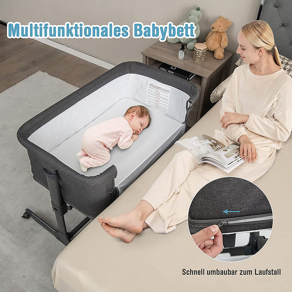 3 in 1 Beistellbett Laufstall Reisebett mit Matratze