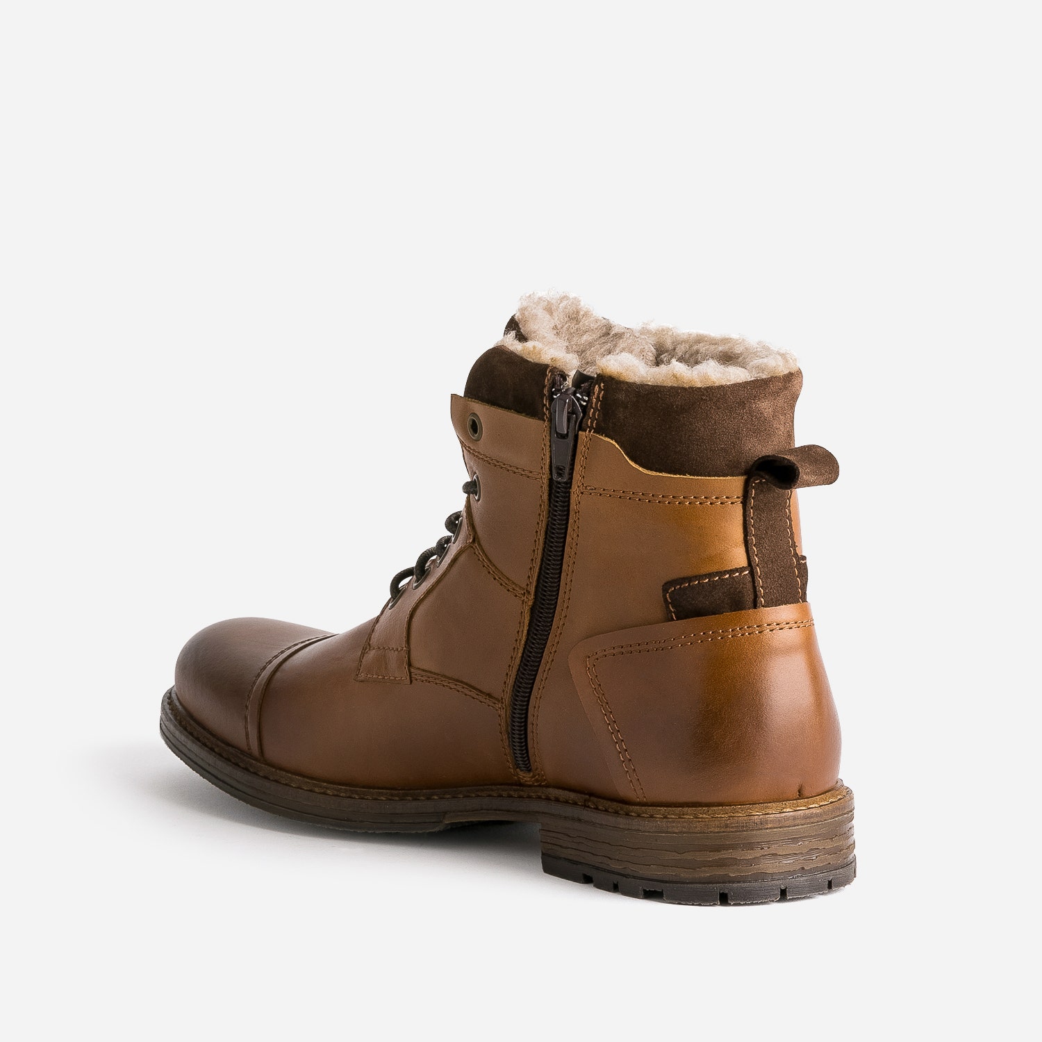 Boots cognac en cuir col fourré