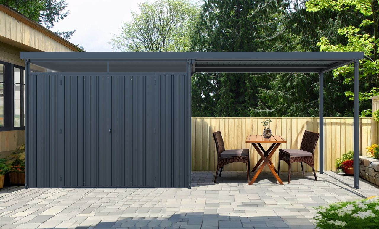 lovingHome® Metallgerätehaus 7㎡ Skylight mit 7㎡ Carport-Erweiterung 2 in 1, ca. 245 x 204 x 226 cm