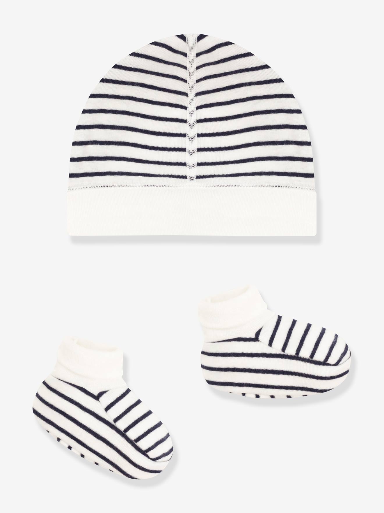 Lot de bonnet et chaussons bébé marinière PETIT BATEAU blanc imprimé