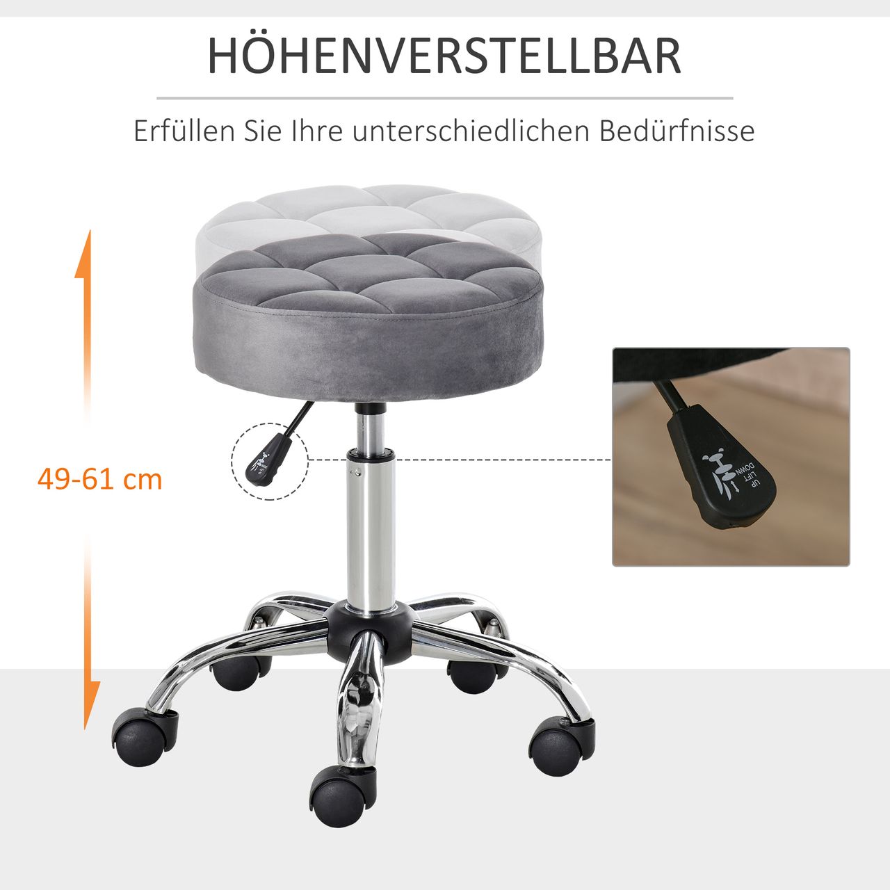 HOMCOM Salonstuhl mit Rädern Rollhocker höhenverstellbar drehbar Salon Hocker Samt-Touch Schaumstoff Chrom-Basis Grau 35 x 35 x 49-61 cm