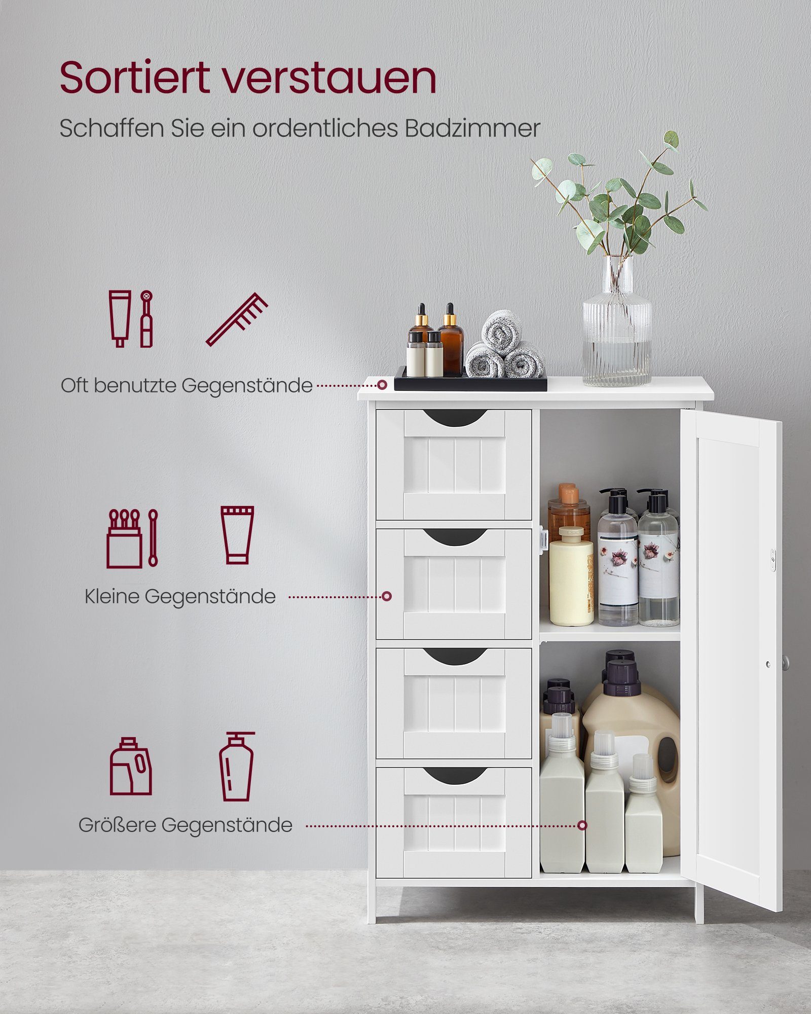 VASAGLE Badmöbel-Set Badezimmerschrank, 4 Schubladen, verstellbare Ablage