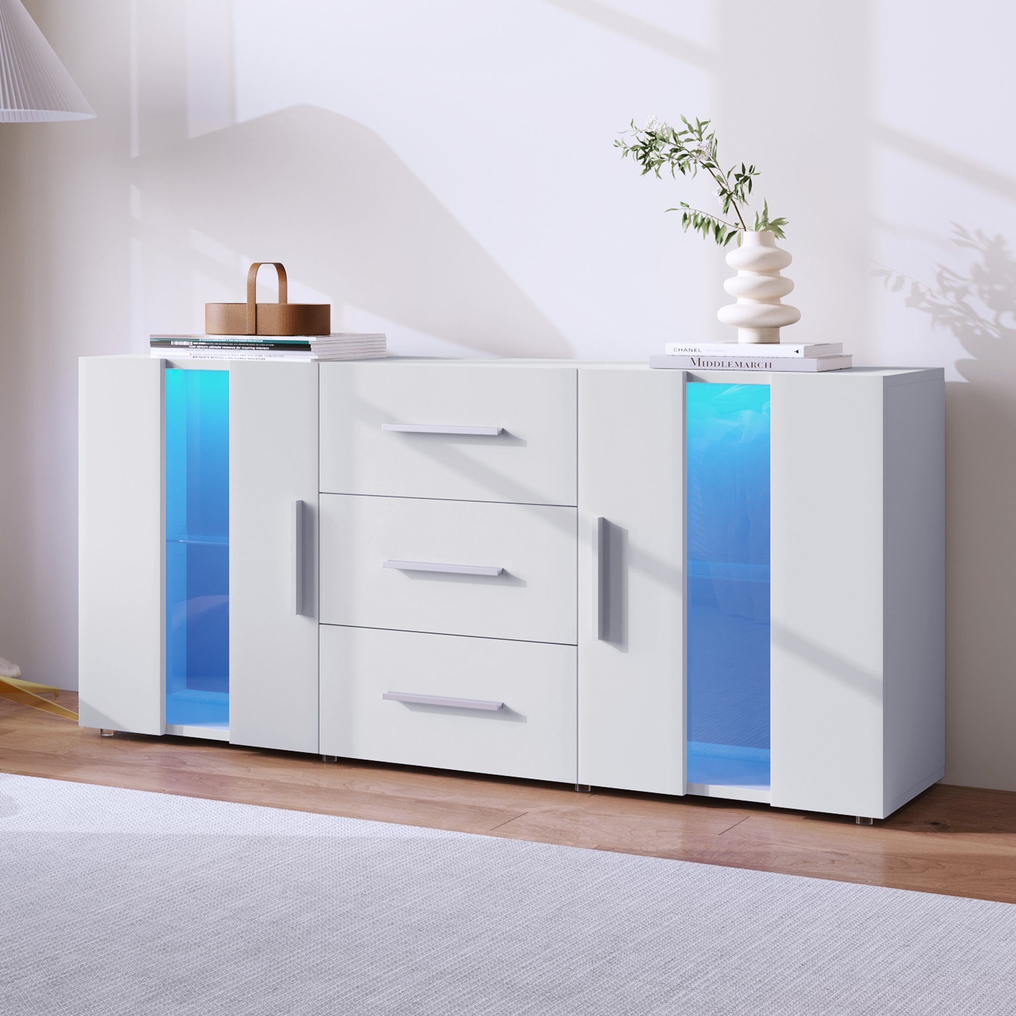 Merax Sideboard mit LED-Beleuchtung inkl. Fernbedienung, Kommode mit 2 Türen und 3 Schubladen, TV-Board, Anrichte, B:140cm