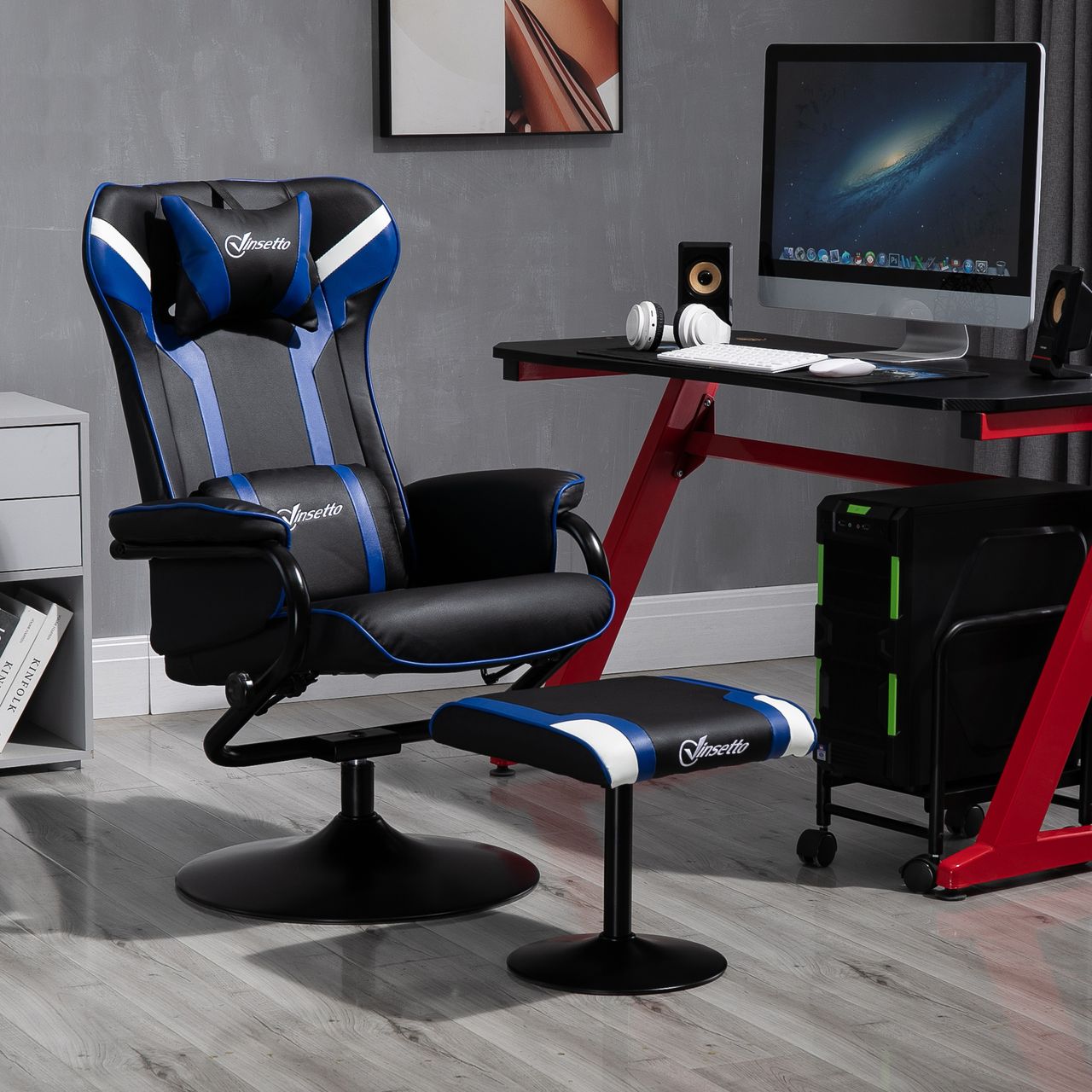 Vinsetto Relaxsessel mit Hocker, Fernsehsessel, Spiel-Stil, Gamingstuhl, Blau