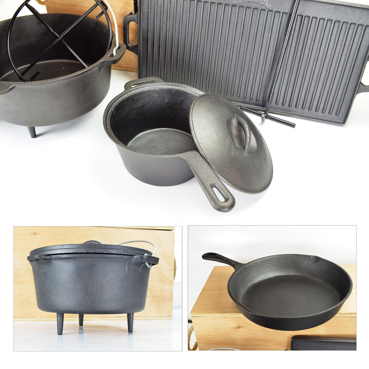 Jim Beam Gusseisernes Kochset Dutch Oven 9tlg in Holztruhe