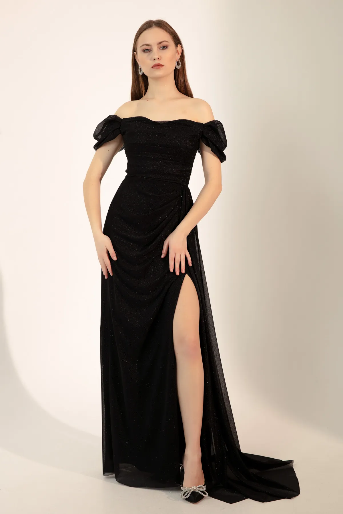 Lafaba  Damen-Abendkleid in Schwarz mit U-Boot-Ausschnitt, drapiertem Schlitz, langes Glitzer-Abendkleid