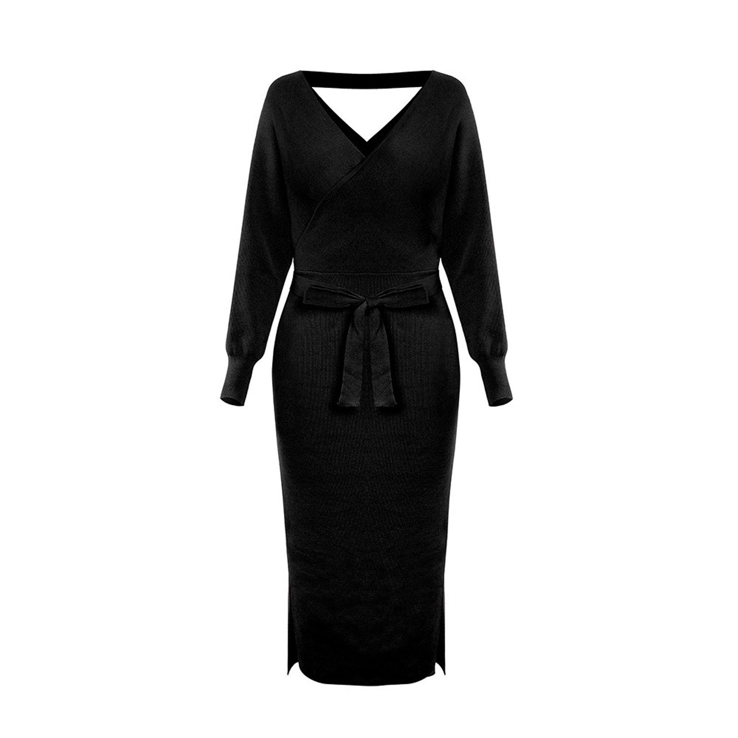 aikidio Stillkleid Strickkleid, schmal geschnittenes Pulloverkleid mit V-Ausschnitt