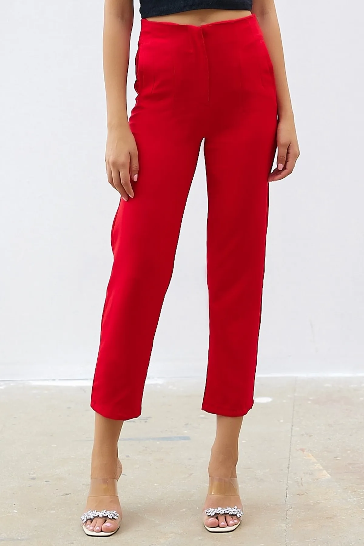 InStyle  Hose mit hoher Taille und Abnähern aus doppeltem Stoff – Rot