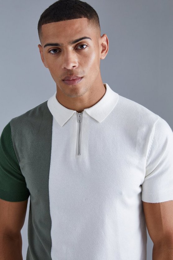 Kurzärmliges Colorblock Strick-Poloshirt mit halbem Reißverschluss