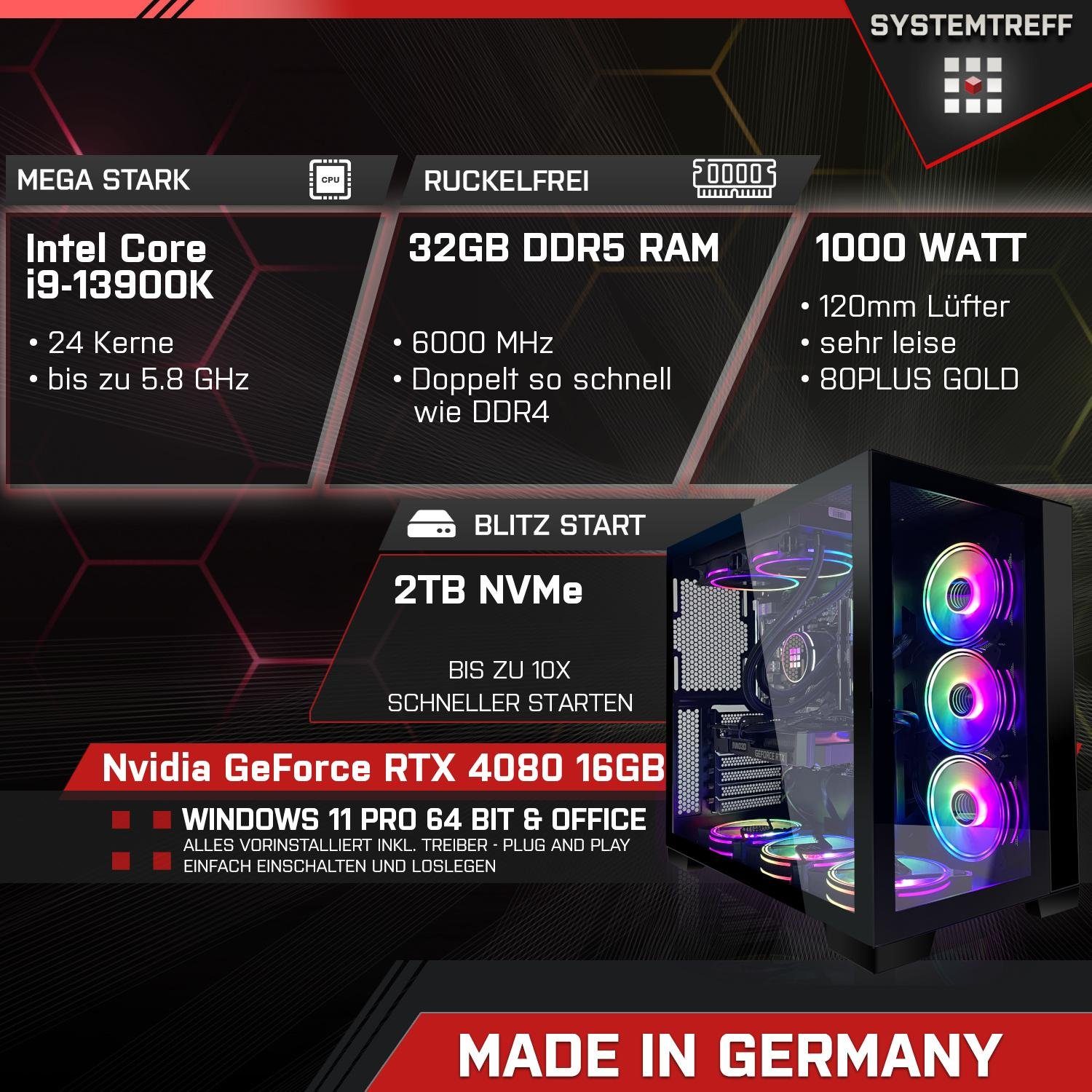 SYSTEMTREFF Gaming-PC (Intel Core i9 13900K, GeForce RTX 4080, 32 GB RAM, 2000 GB SSD, Wasserkühlung, Windows 11, WLAN)