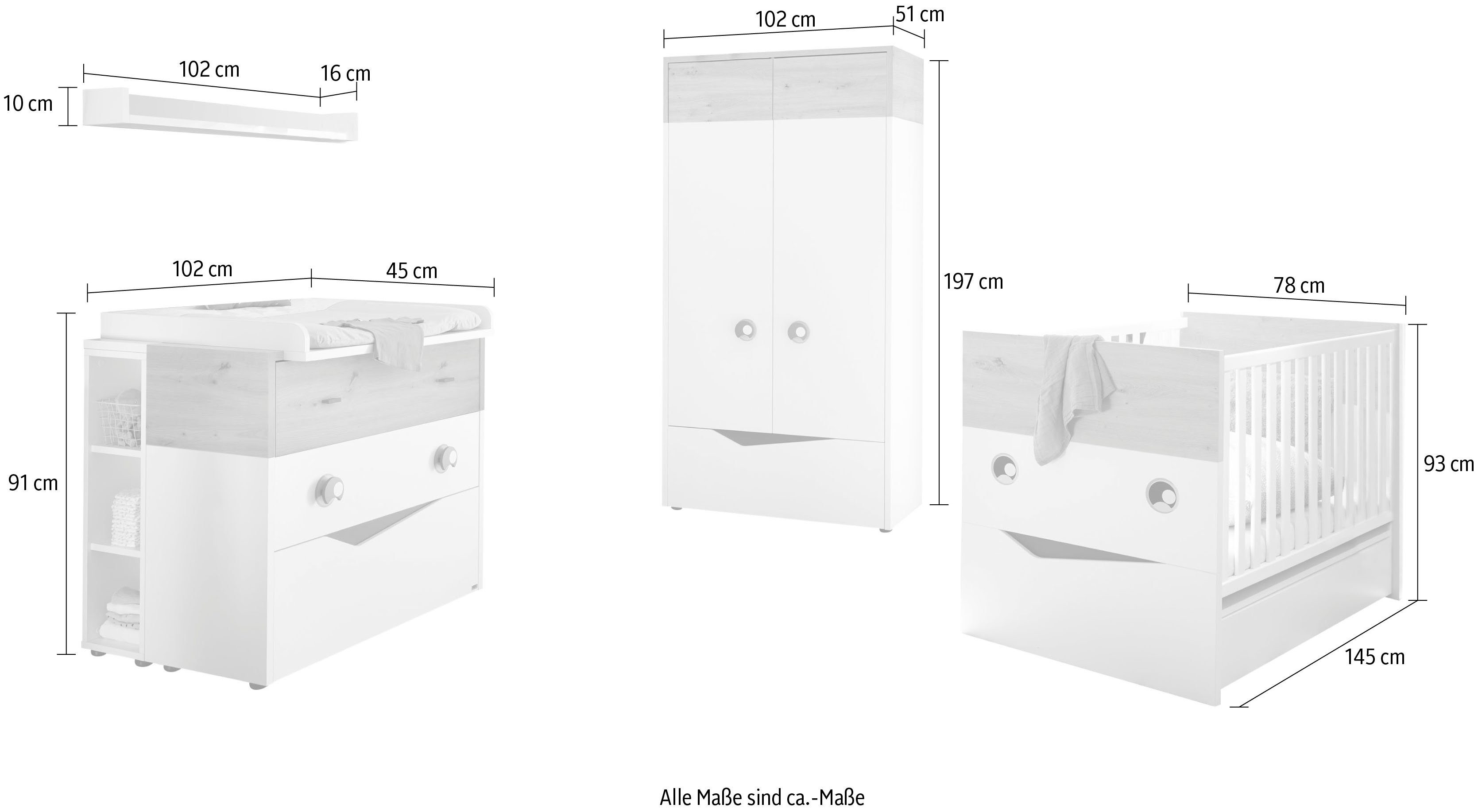 GALLERY M branded by Musterring Babyzimmer-Komplettset, (Set, 5-St), schmaler Kleiderschrank, inkl. 1 Unterstellregal für die Wickelkommode