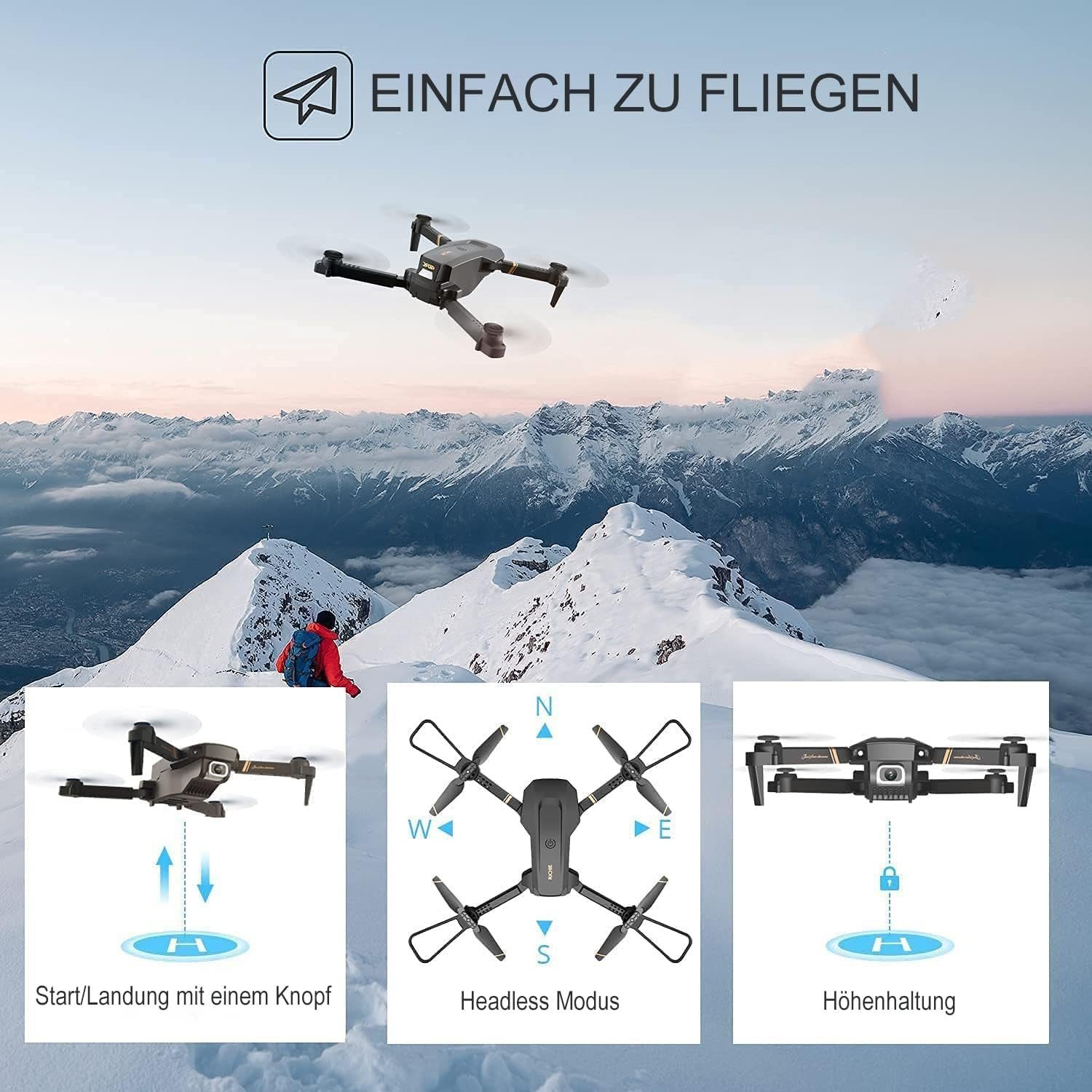 4DRC Drohne (1080p, mit WiFi Kamera HD RC Quadrocopter mit 2 Akkus FPV Übertragung 3D Flip)