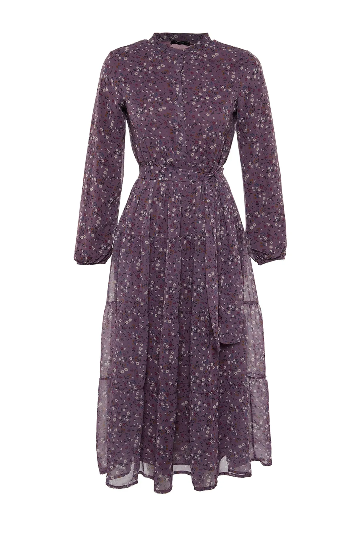Trendyol Modest  Lilafarbenes Kleid aus gewebtem Chiffon mit Blumenmuster, Gürtel, Stehkragen und Futter TCTSS21EL3346