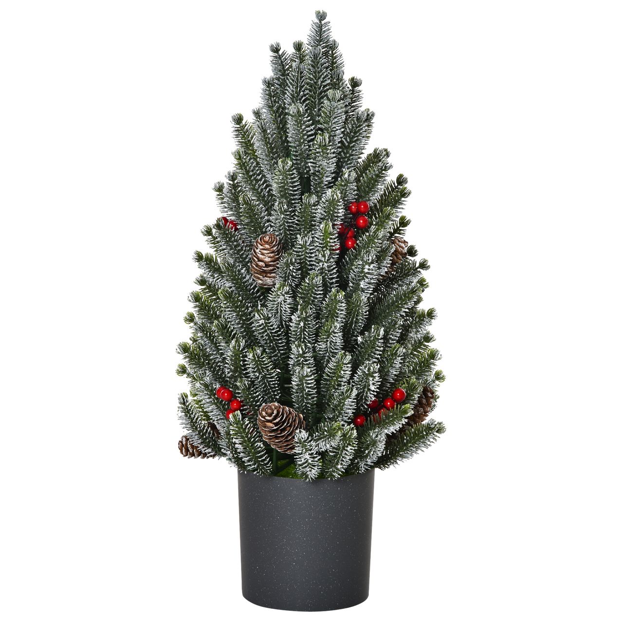 HOMCOM Künstlicher Weihnachtsbaum kleiner Tisch-Christbaum 170 Äste schneebedecktes Design einfacher Aufbau Christbaum mit Kunststoffsockel Beeren Tannenzapfen PE PVC Grün Ø27 x 47 cm
