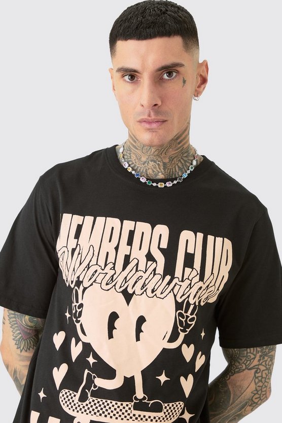 Tall schwarzes T-Shirt mit Members Club Worldwide Print