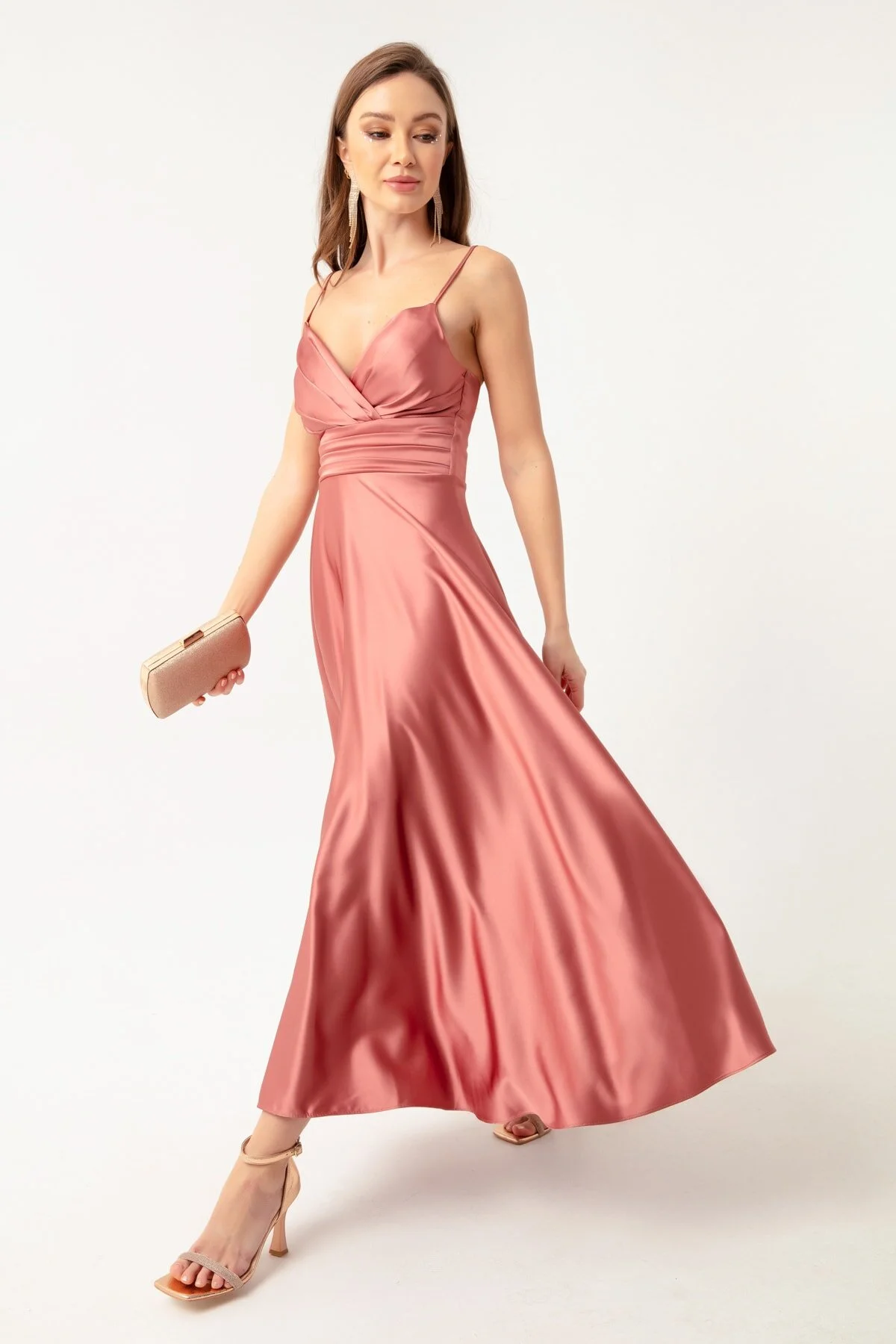 Lafaba  Lachsfarbenes Midi-Abendkleid und Abschlusskleid aus Satin mit Riemen an der Taille und Gürtel für Damen